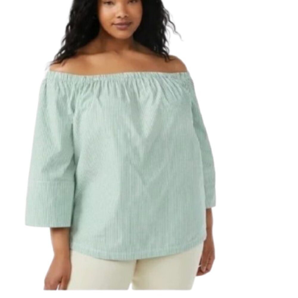 Free Assembly Women's Cold Shoulder Green Stripes Top Blouse ¾ Sleeves Size XL